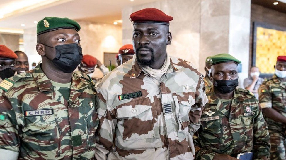 Col Mamady Doumbouya (centre) overthrew the elected government in a coup in September 2021 Col Mamady Doumbouya (centre) overthrew the elected government in a coup in September 2021